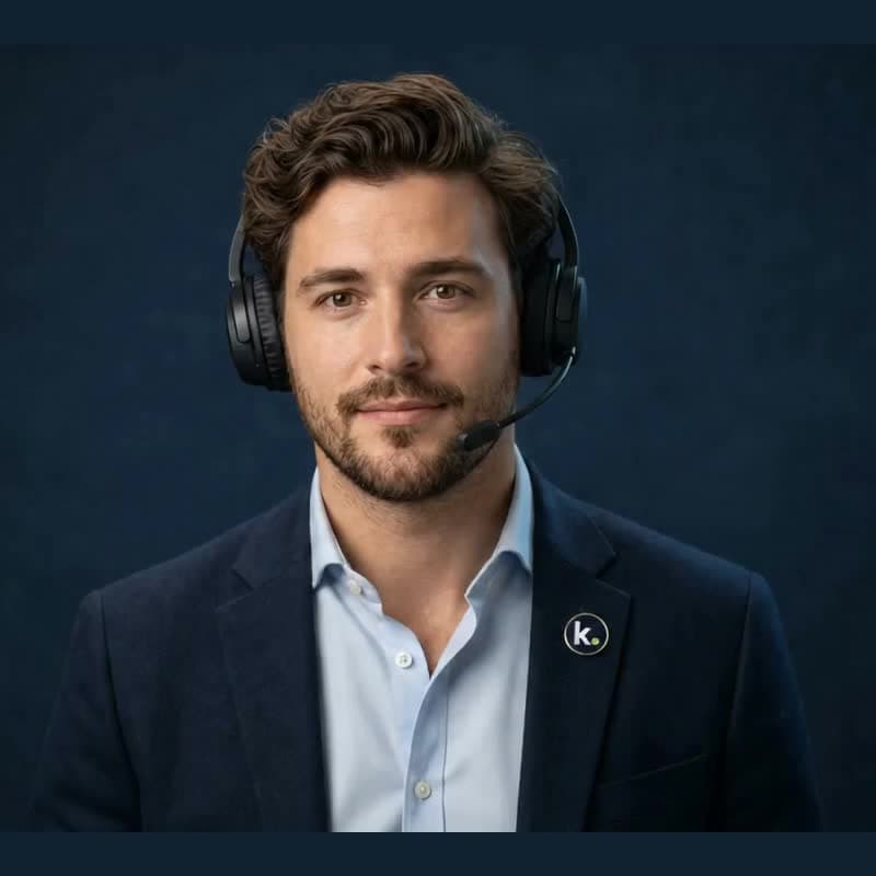 Your solution advisor wearing a headset and Kajeet lapel pin